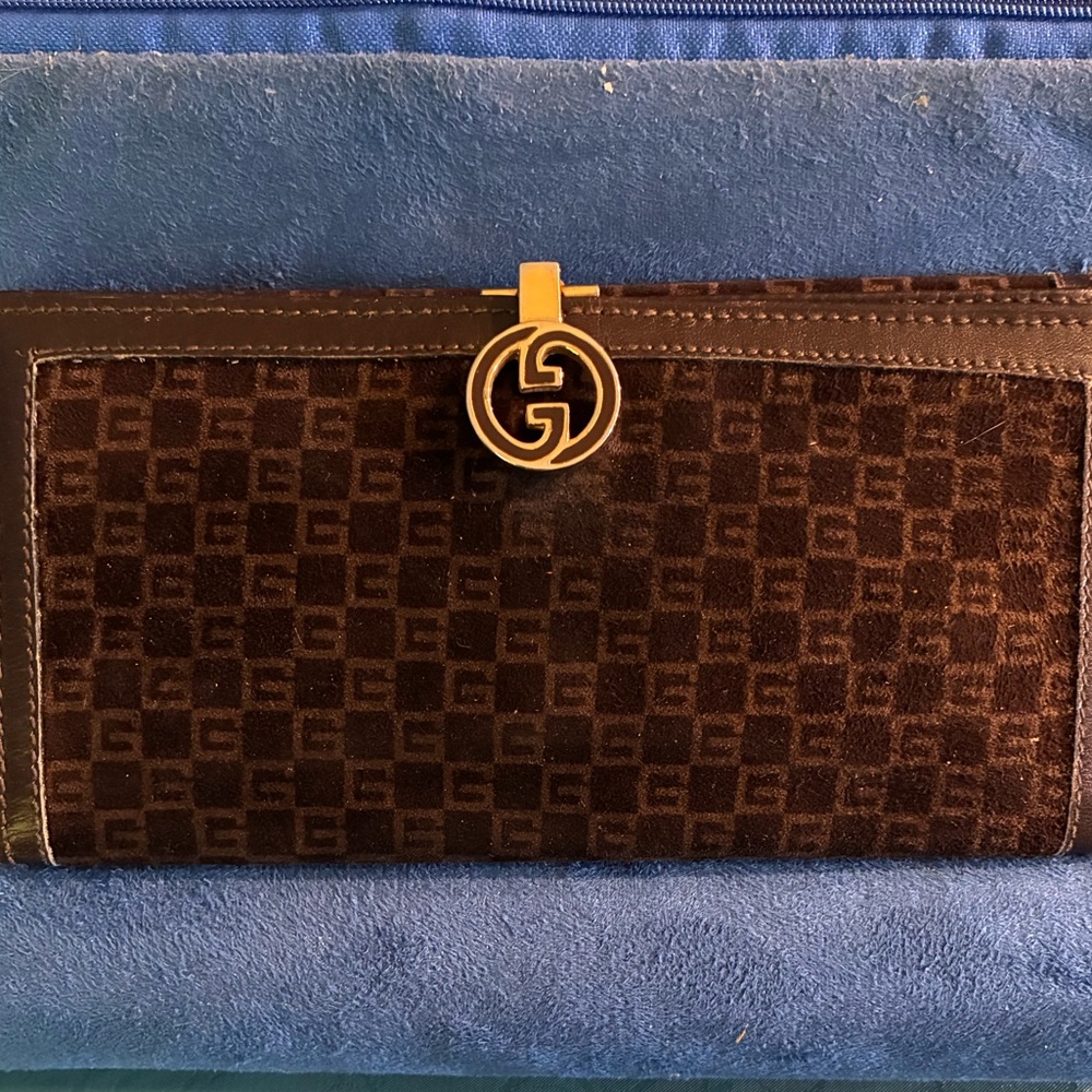 Vintage Gucci Dark Brown Suede & Leather Flap Wallet with Gold Logo Italy